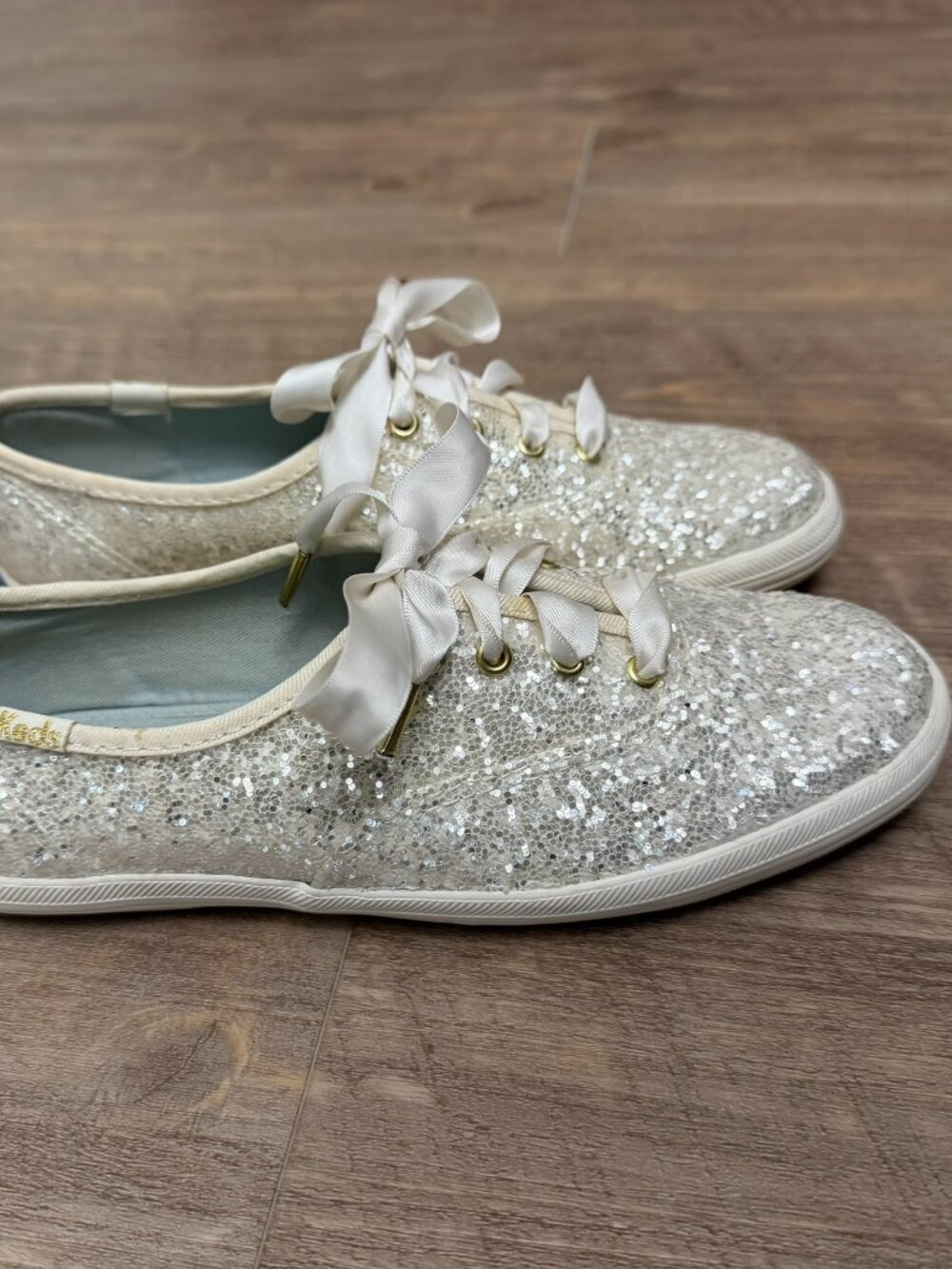 Keds Kate Spade Silver Glitter Cream Satin Ties Gold Wedding Shoes Size 5
